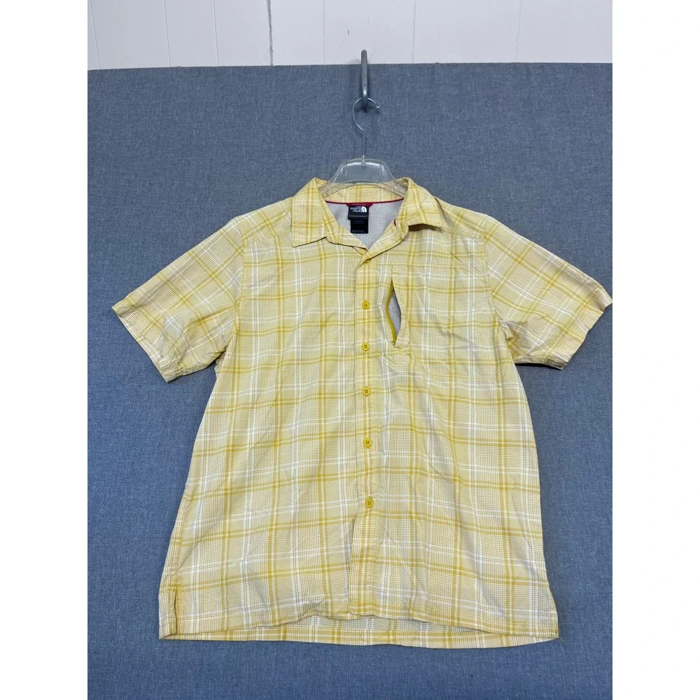 The North Face Mens Yellow Plaid Short Sleeve Hiking Button Up Shirt Size Medium